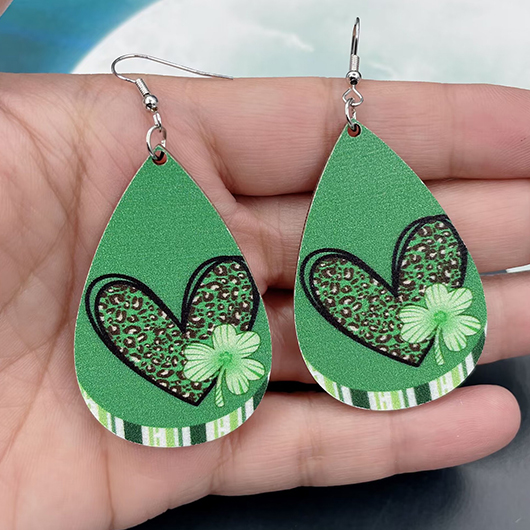 Green Geometric Clover Wood Heart Earrings