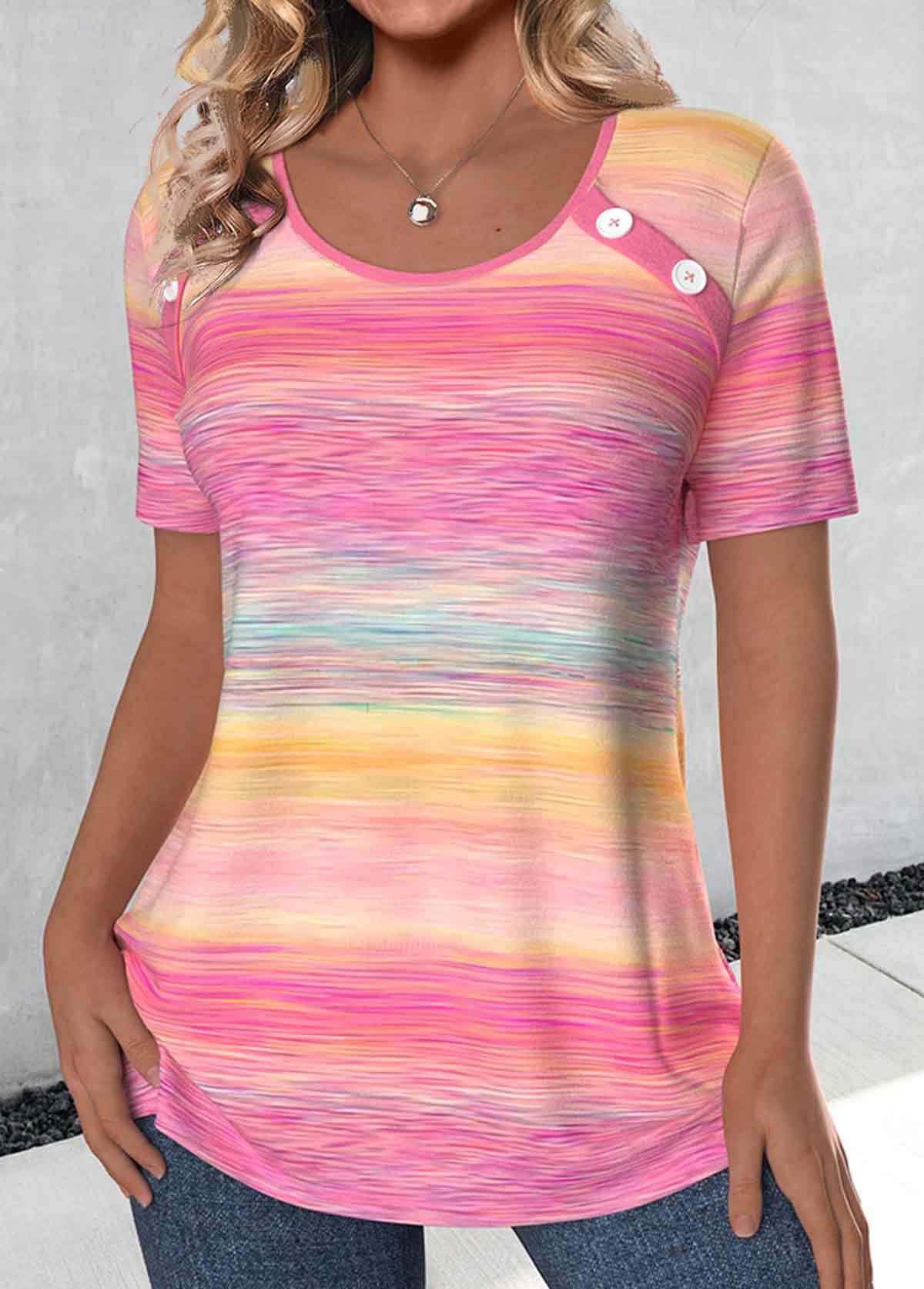 Ombre Button Pink Short Sleeve Round Neck T Shirt