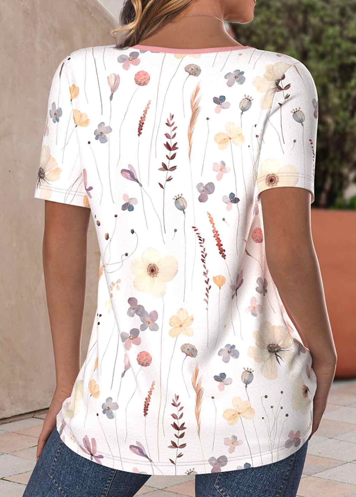 Floral Print Button White Short Sleeve T Shirt