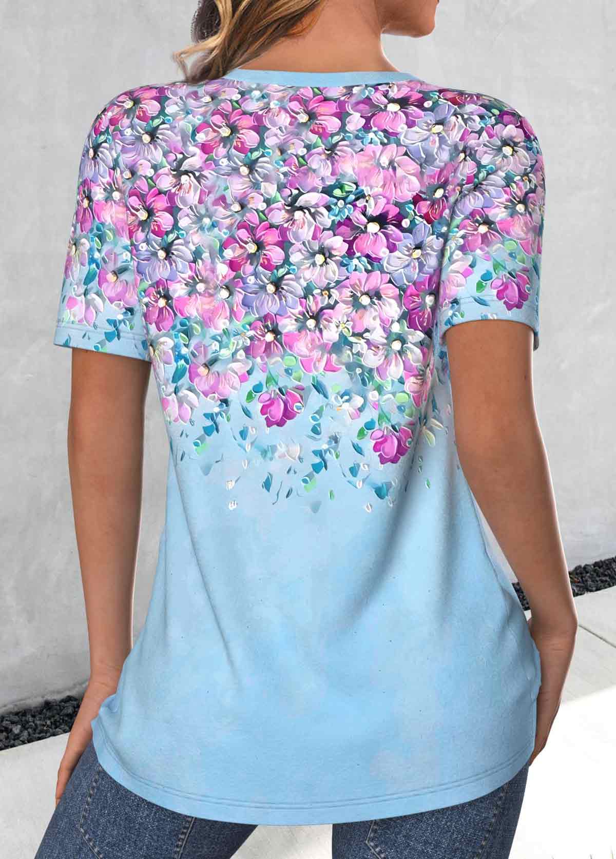 Floral Print Criss Cross Light Blue T Shirt