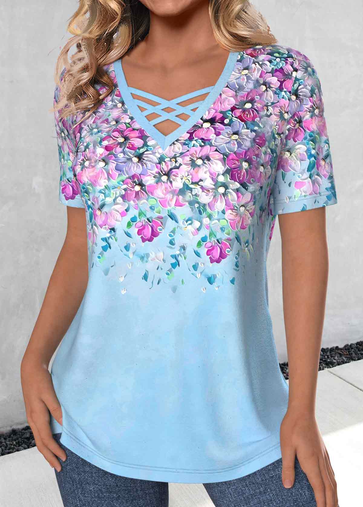 Floral Print Criss Cross Light Blue T Shirt