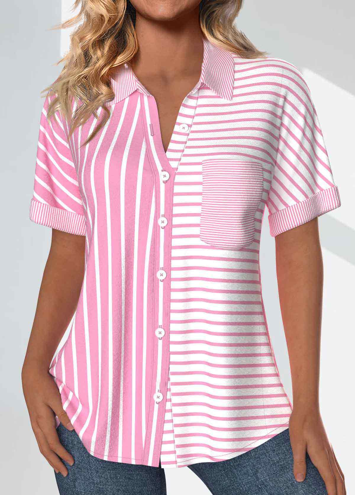 Striped Pocket Pink Short Sleeve Shirt | Rosewe.com - USD $31.98
