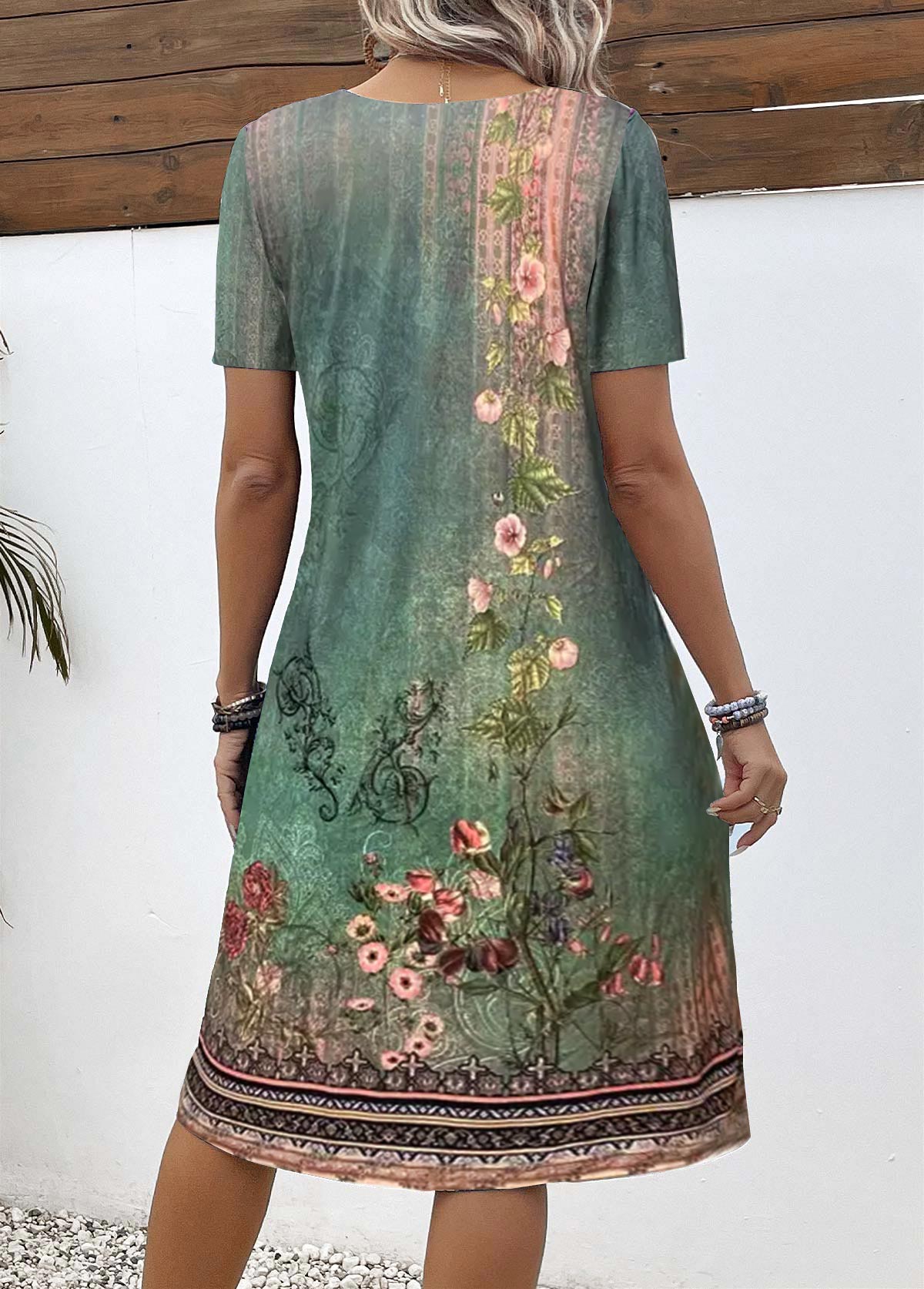 Plus Size Green Button Floral Print A Line Dress