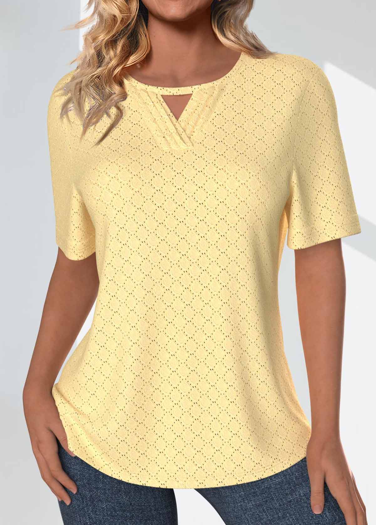 Plus Size Light Yellow Jacquard Short Sleeve T Shirt