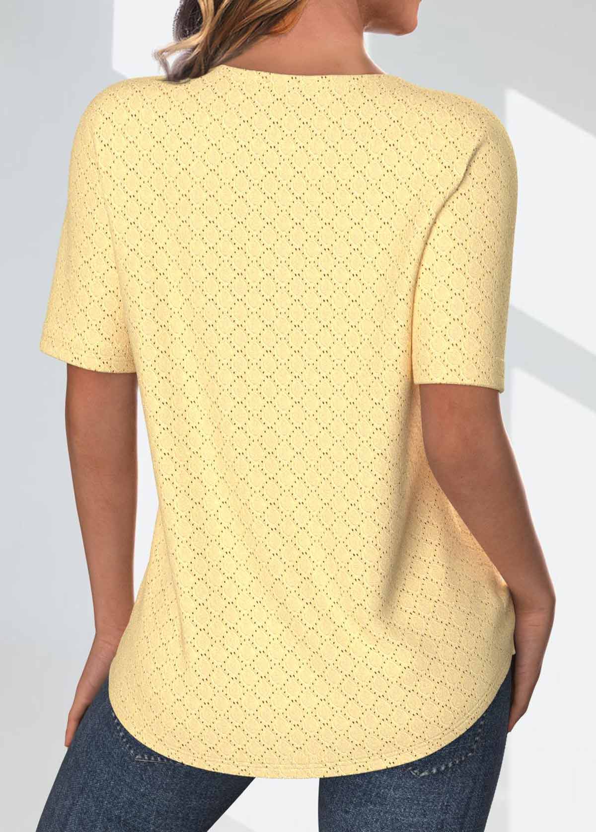 Plus Size Light Yellow Jacquard Short Sleeve T Shirt