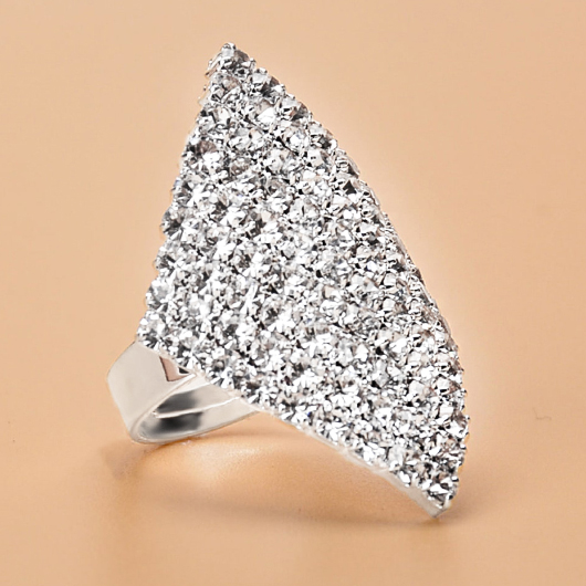 Silvery White Metal Rhombic Rhinestone Ring