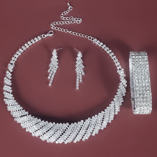 Silvery White Copper Rhinestone Necklace and Bracelet Set