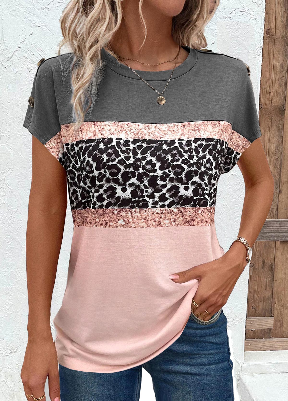Leopard Button Pink Short Sleeve Round Neck T Shirt