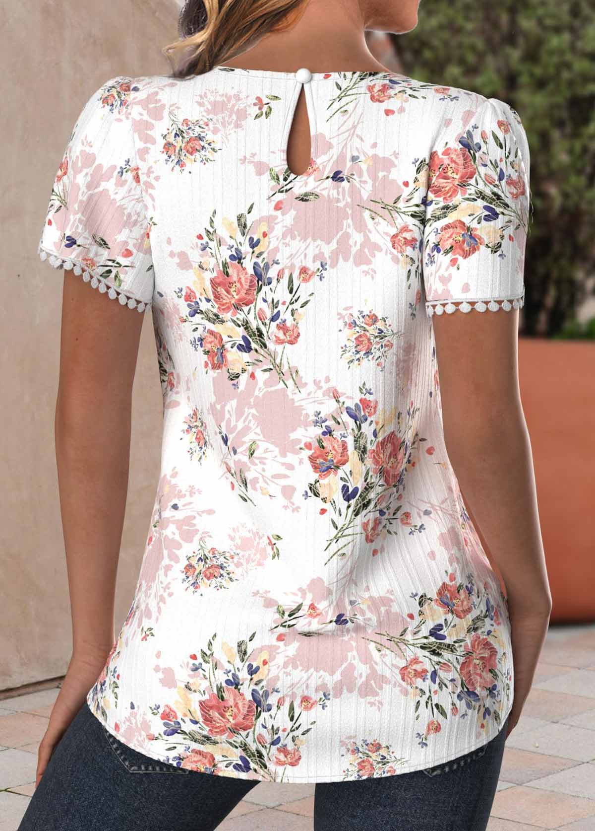 Floral Print Textured Fabric Light Pink Short Sleeve Blouse