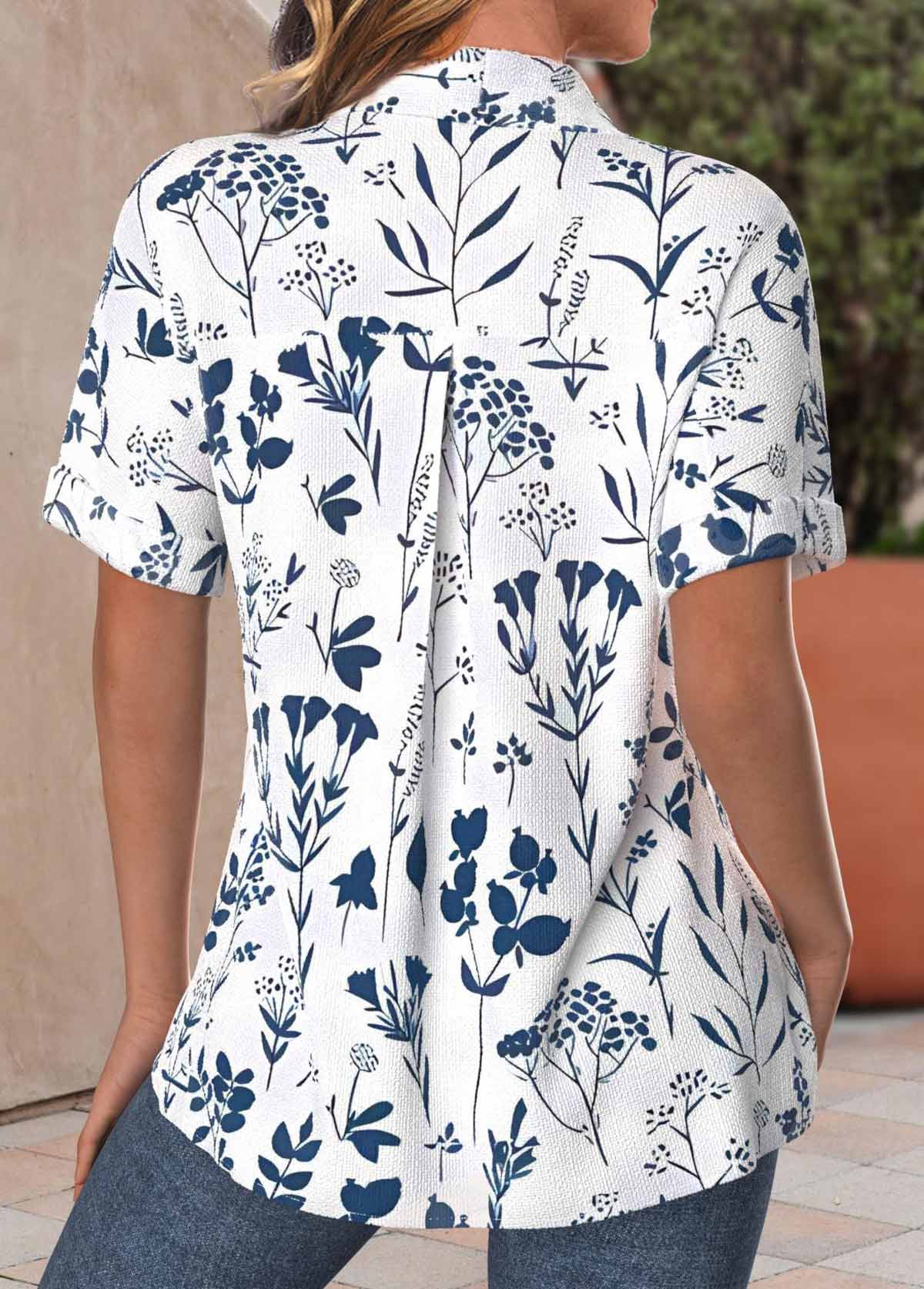 Leaf Print Textured Fabric Peacock Blue Short Sleeve Shirt