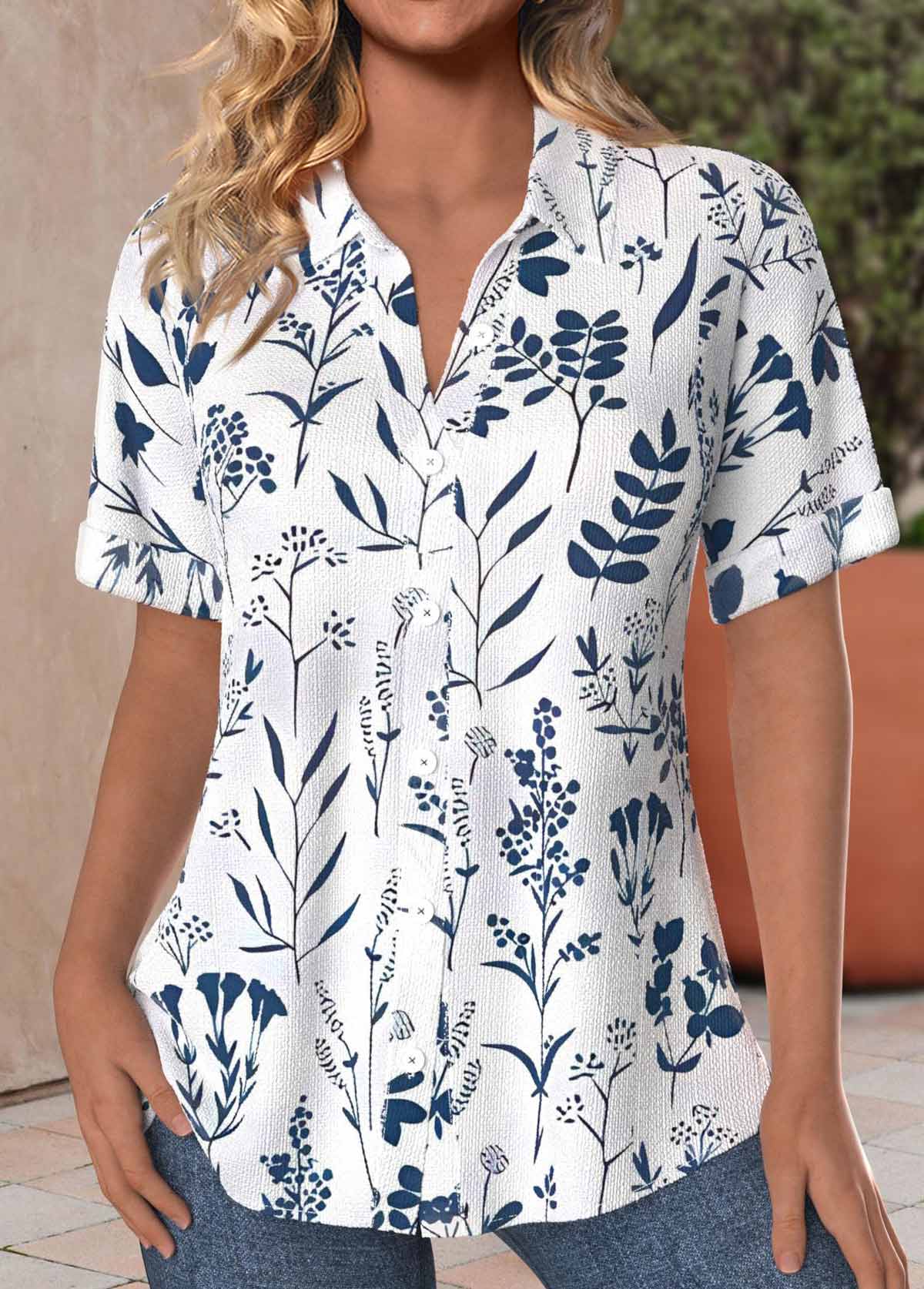 Leaf Print Textured Fabric Peacock Blue Short Sleeve Shirt