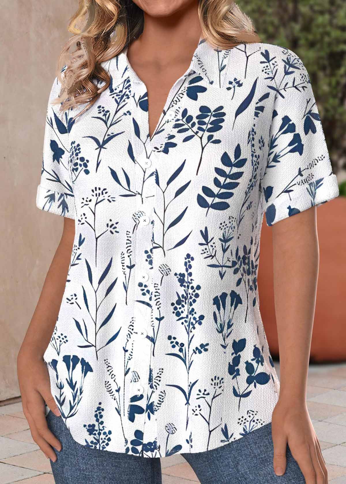 Leaf Print Textured Fabric Peacock Blue Short Sleeve Shirt