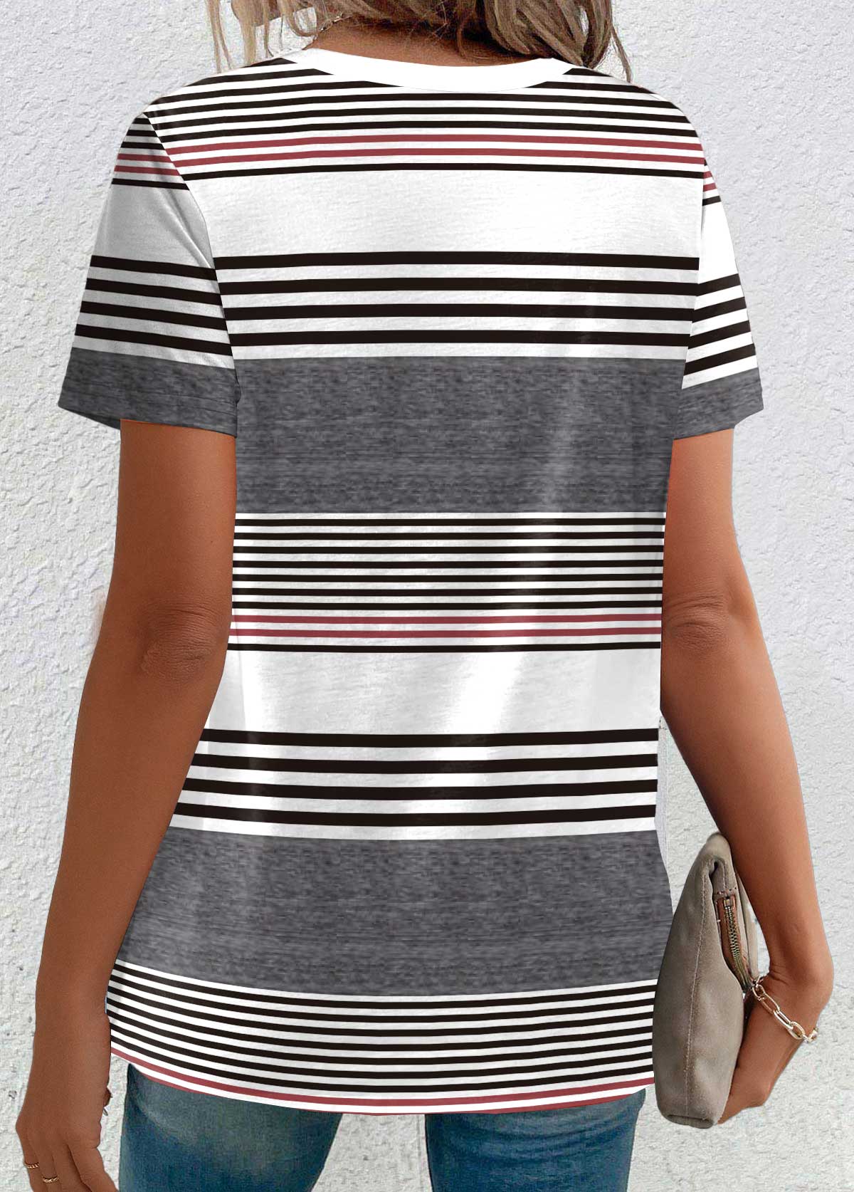 Striped Button Multi Color Short Sleeve T Shirt