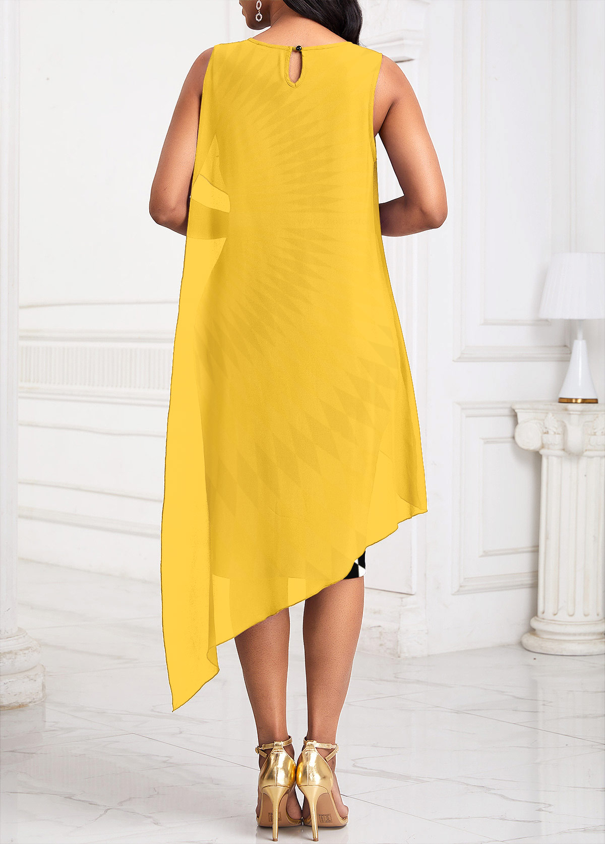 Wave Pattern Print Patchwork Yellow Sleeveless Bodycon Dress