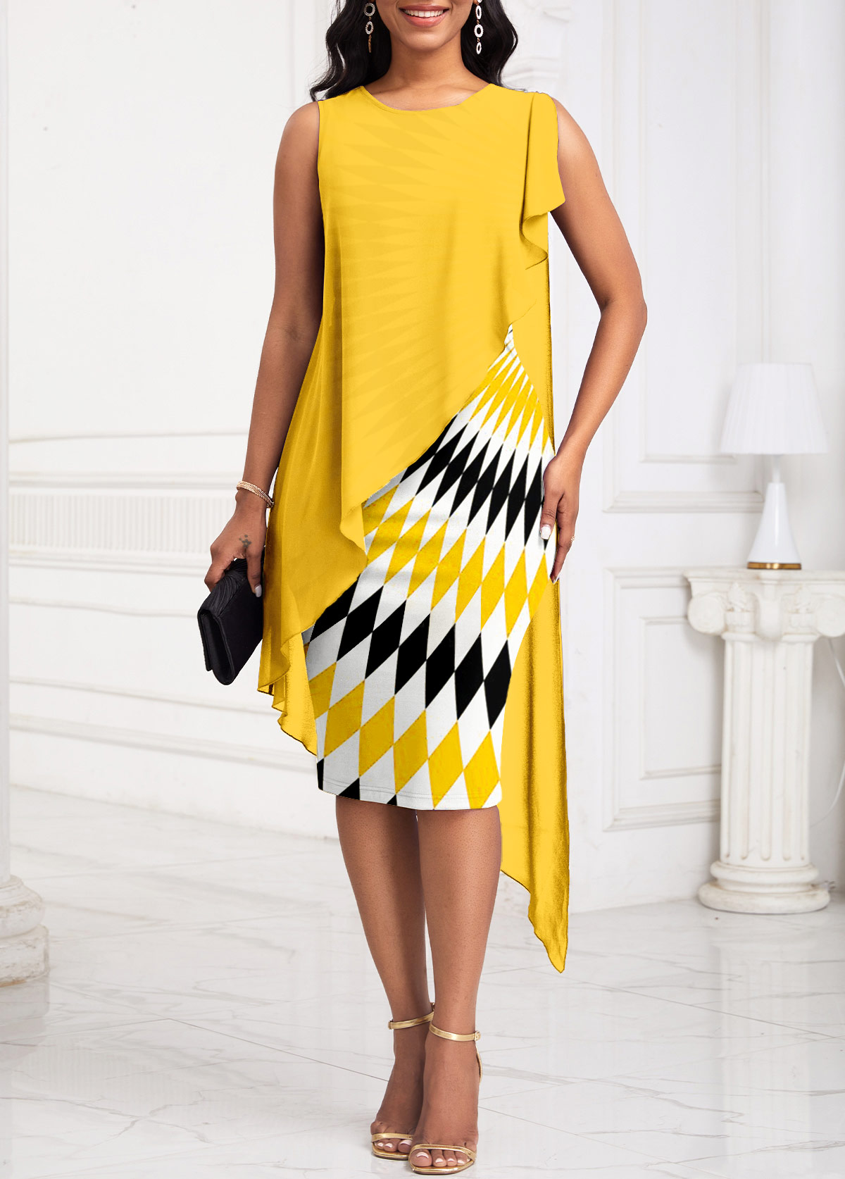 Wave Pattern Print Patchwork Yellow Sleeveless Bodycon Dress