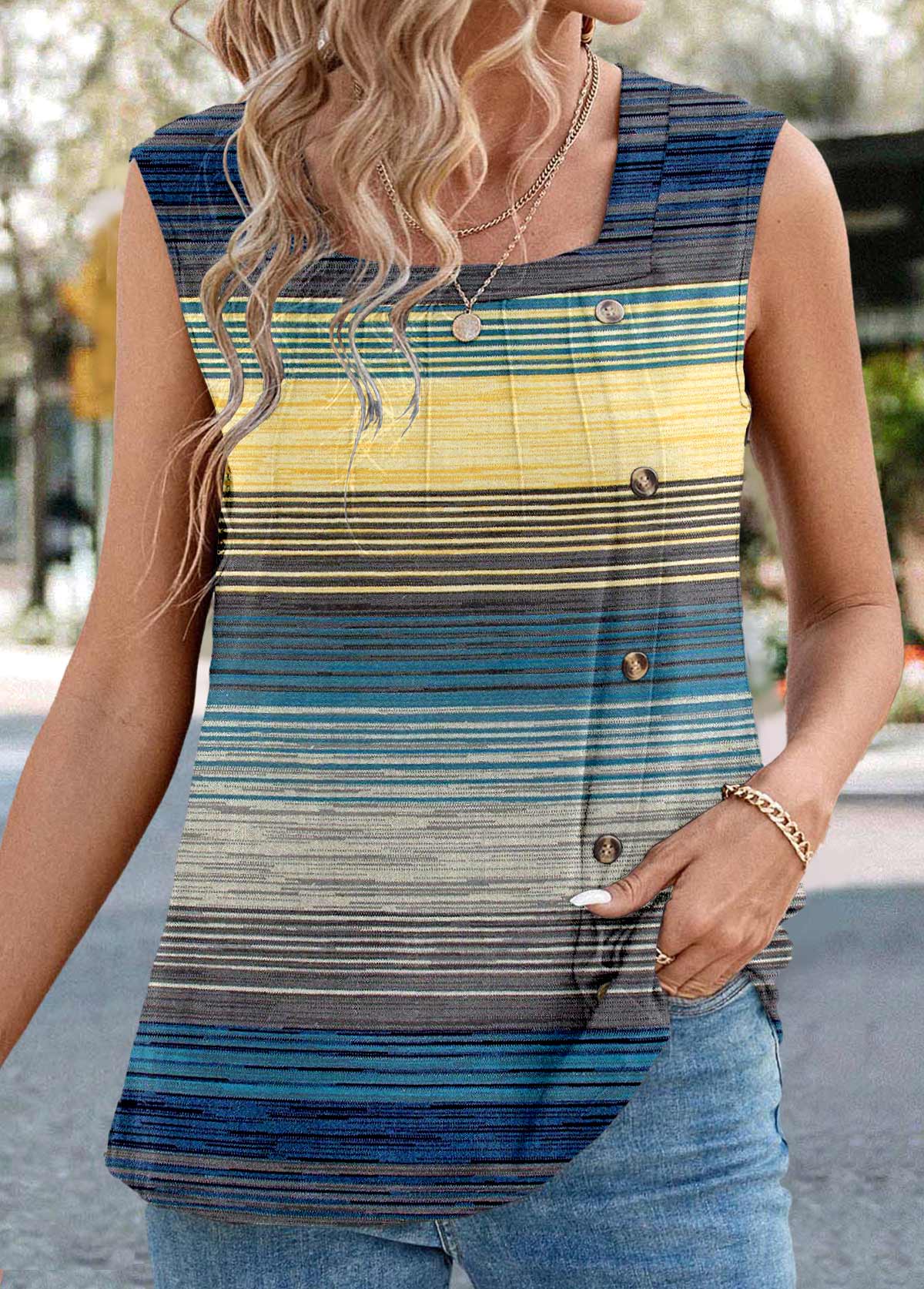 Striped Button Blue Sleeveless Square Neck Tank Top