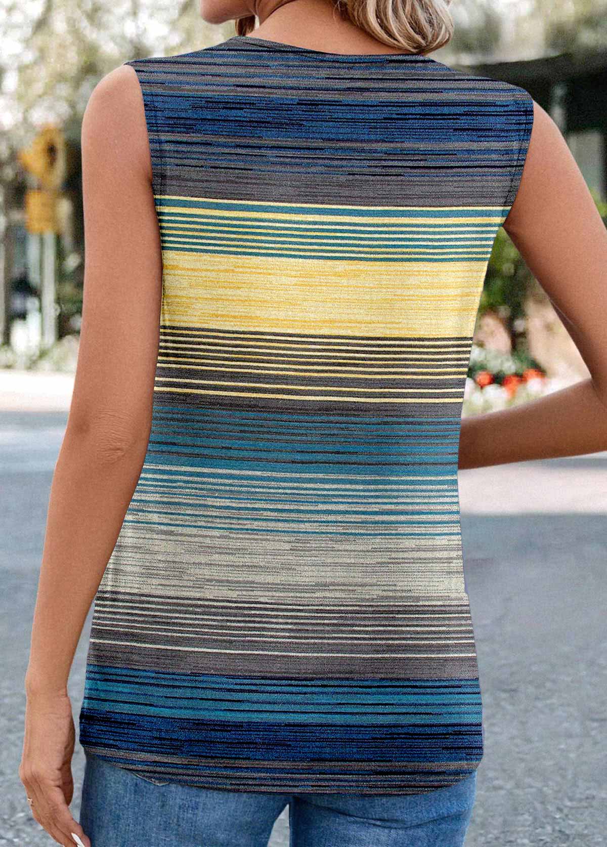 Striped Button Blue Sleeveless Square Neck Tank Top