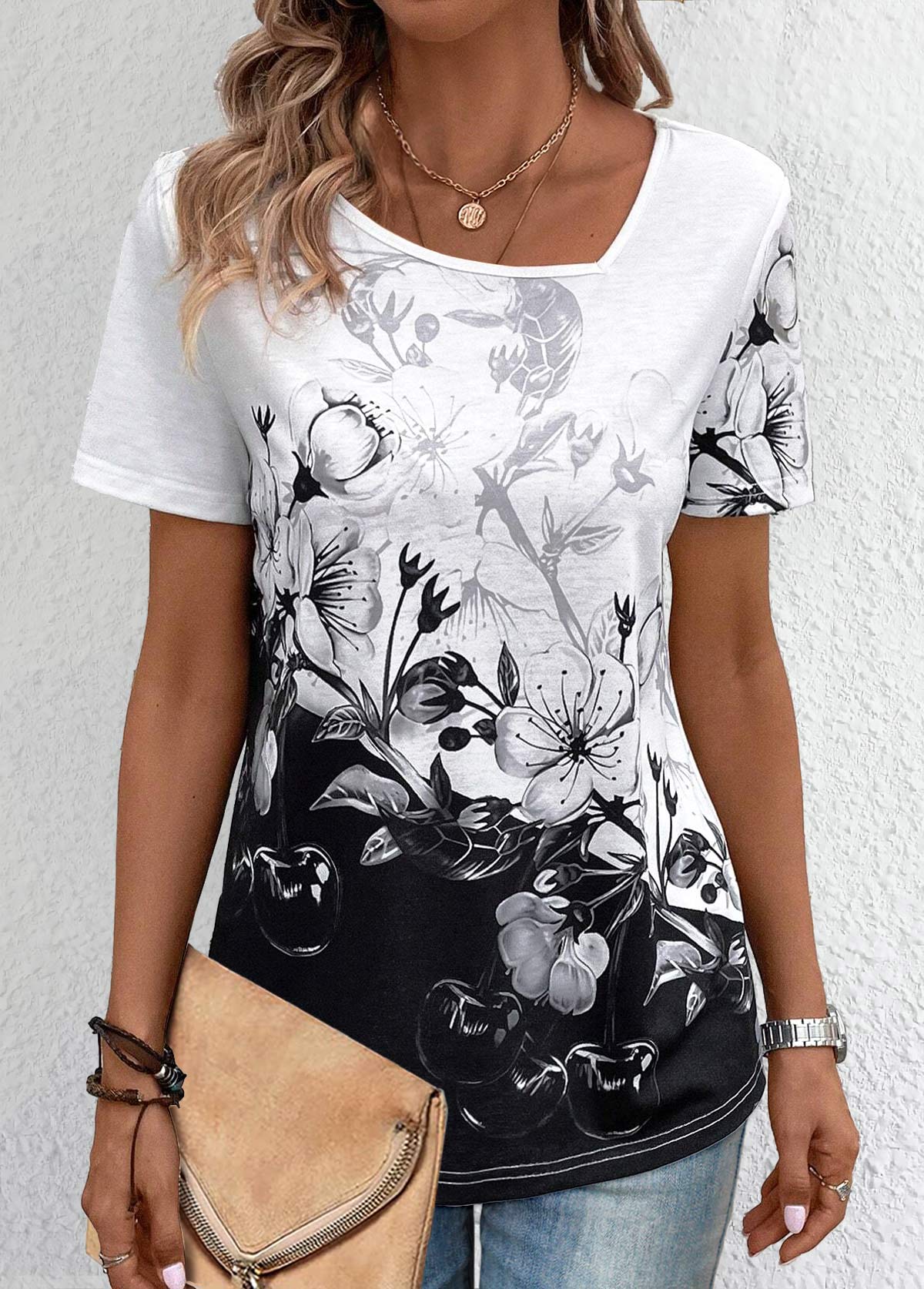 Floral Print Lightweight Black Short Sleeve T Shirt
