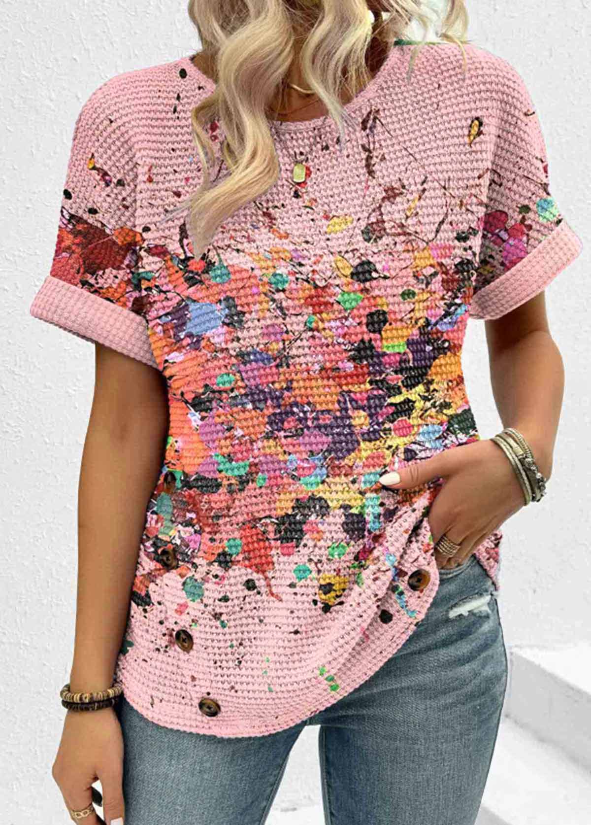 Dazzle Colorful Print Patchwork Pink Short Sleeve T Shirt