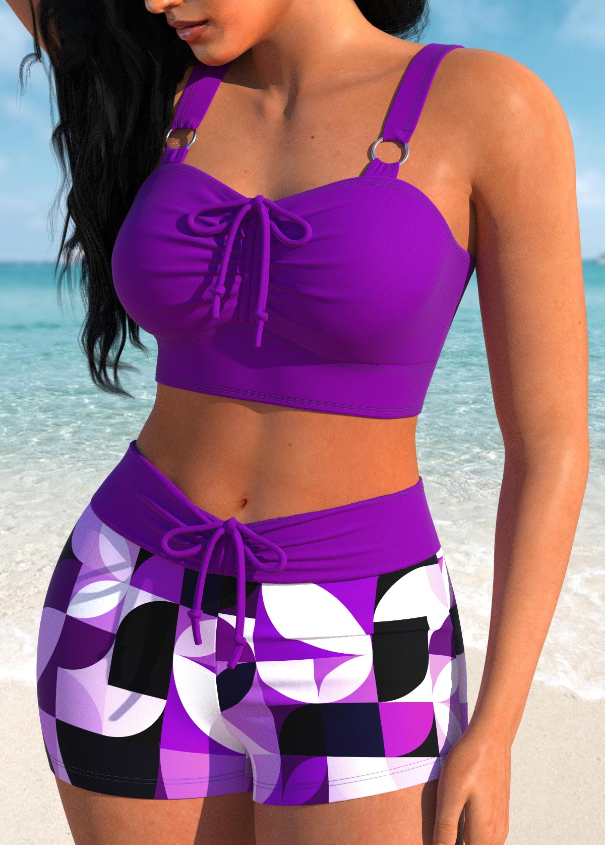 Geometric Print Bowknot Purple Bikini Set