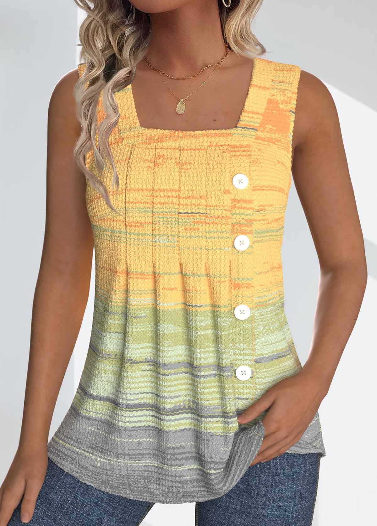 Ombre Button Light Yellow Sleeveless Square Neck Tank Top