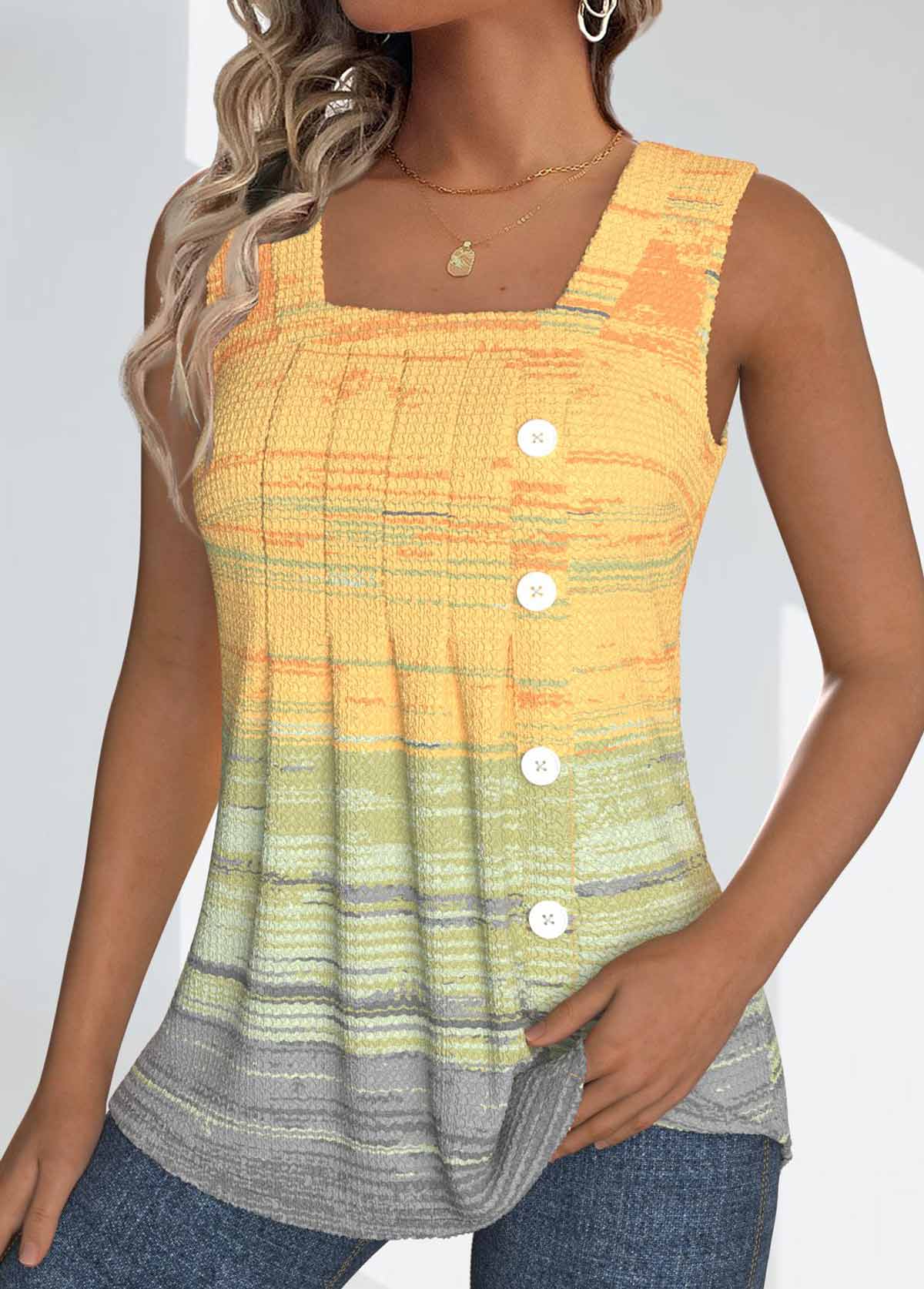 Ombre Button Light Yellow Sleeveless Square Neck Tank Top