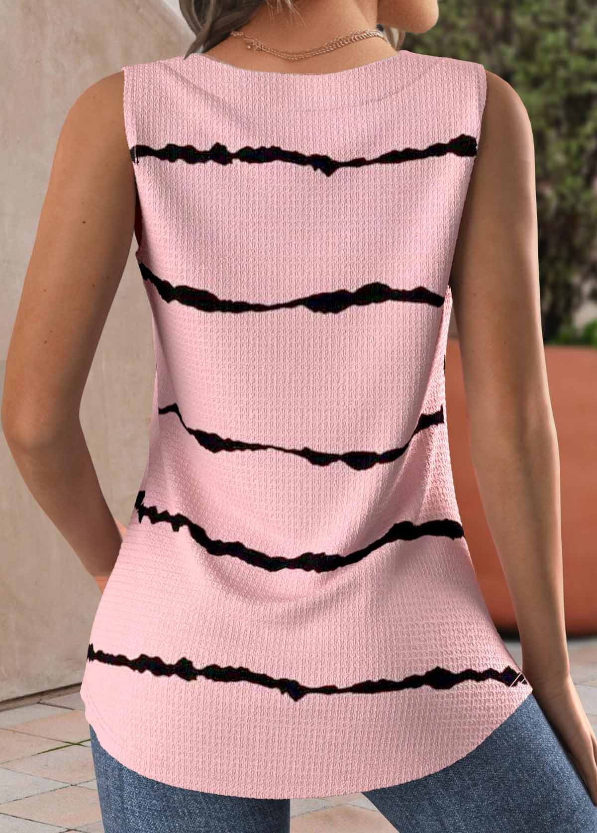 Striped Button Light Pink Sleeveless Square Neck Tank Top