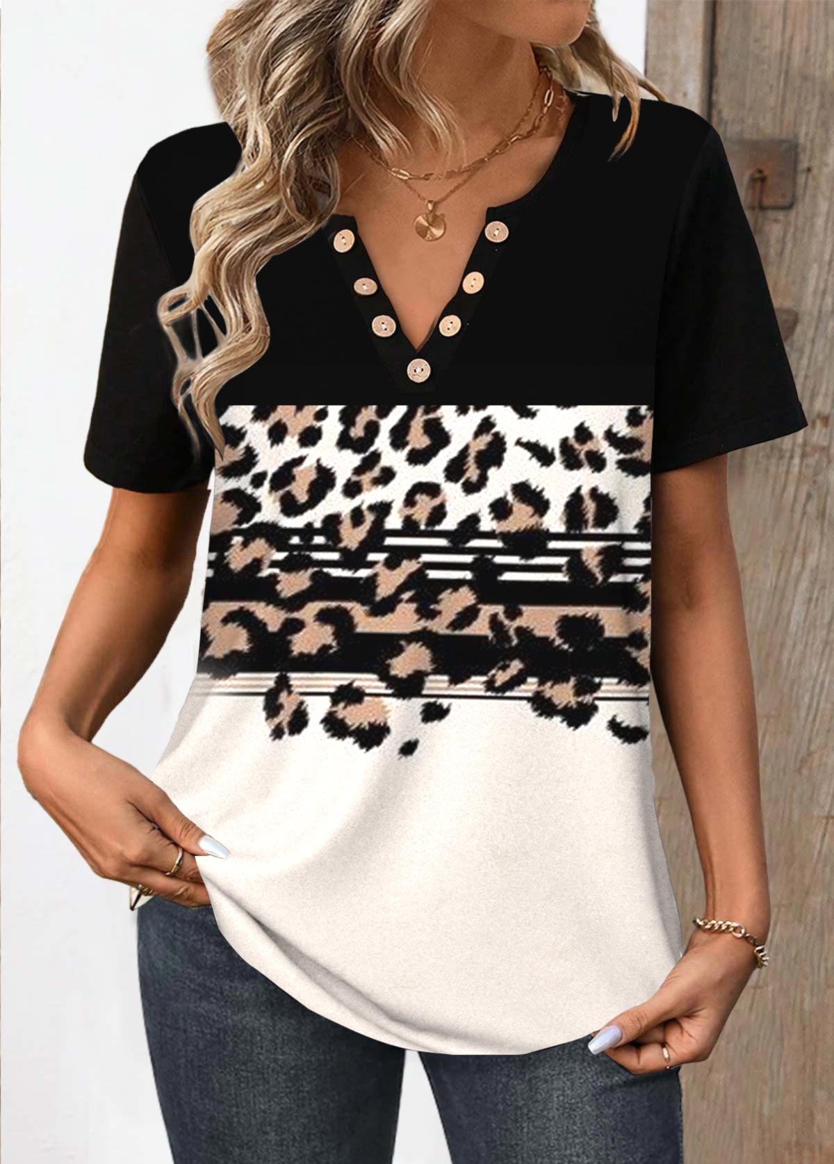 Leopard Button Black Short Sleeve Split Neck T Shirt