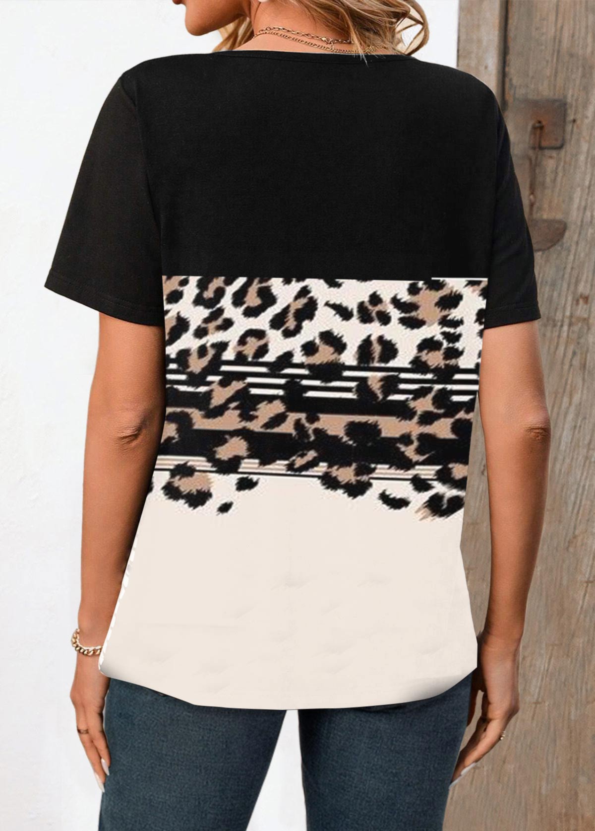 Leopard Button Black Short Sleeve Split Neck T Shirt