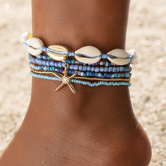Seashell Detail Blue Alloy Anklet Set