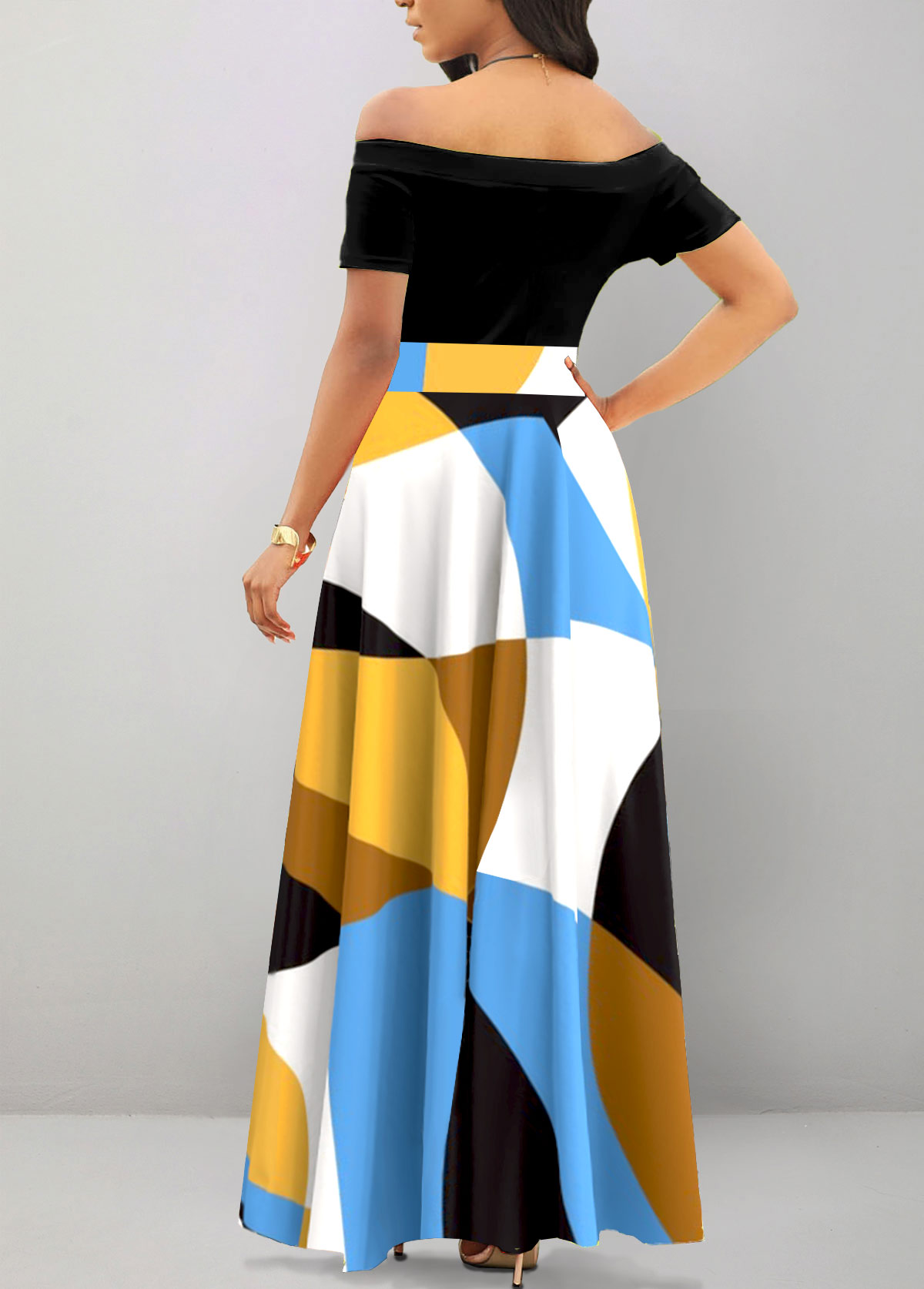 Geometric Print Patchwork Black Short Sleeve Maxi Dress