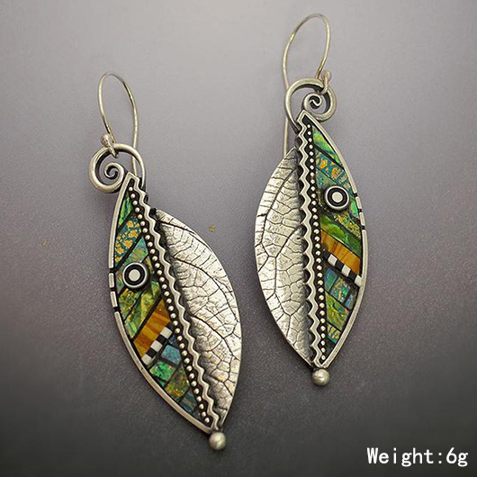 Beaded Silver Leaf Design Metal Earrings