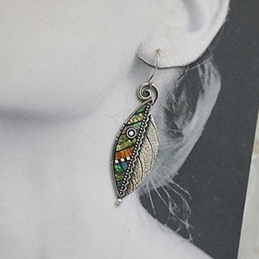 Beaded Silver Leaf Design Metal Earrings