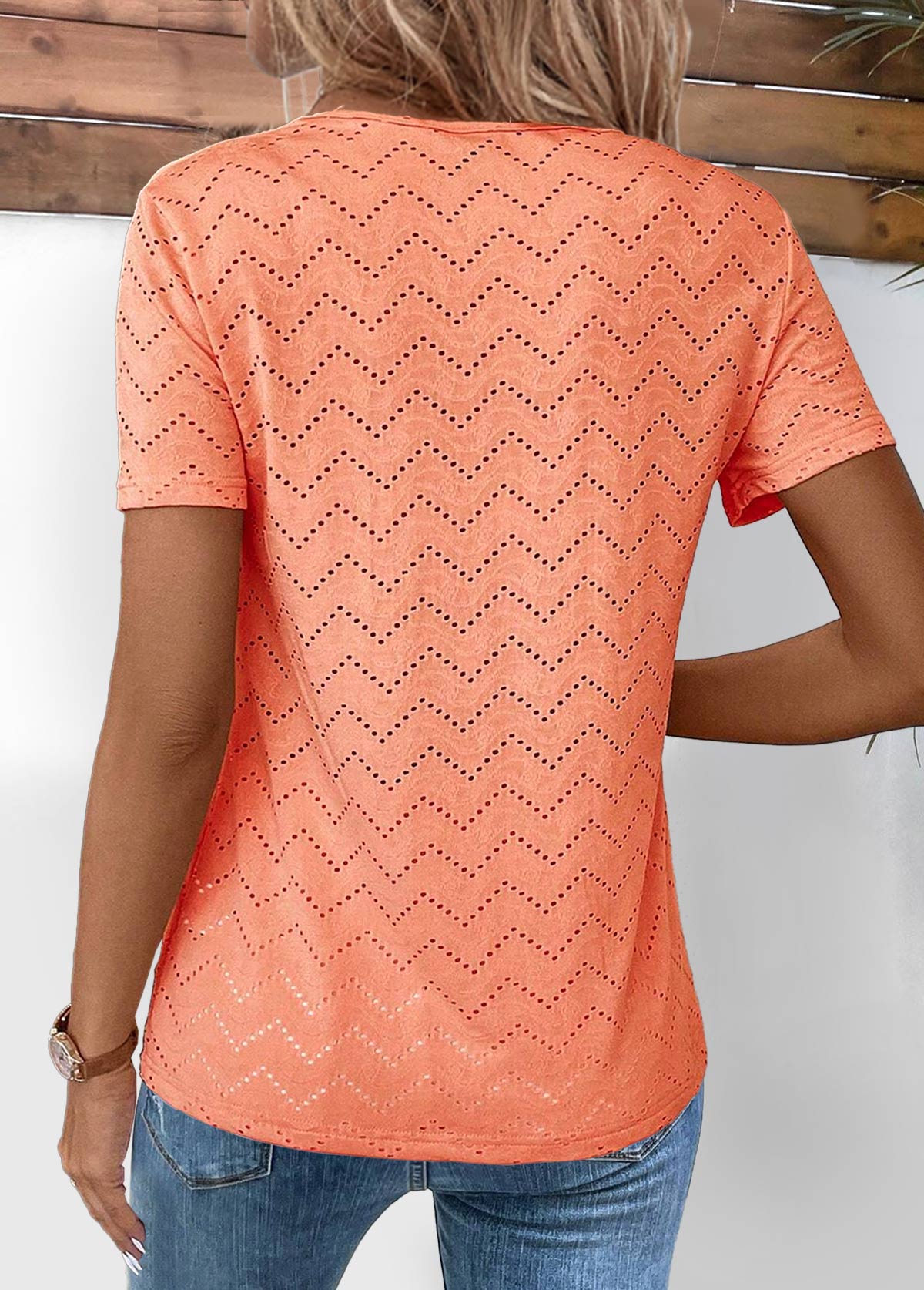 Tuck Stitch Orange Short Sleeve Round Neck T Shirt