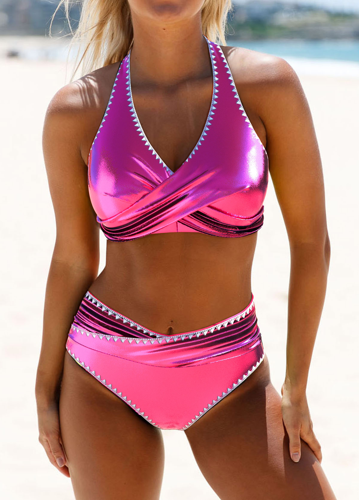 Contrast Binding Hot Pink Tie Bikini Set