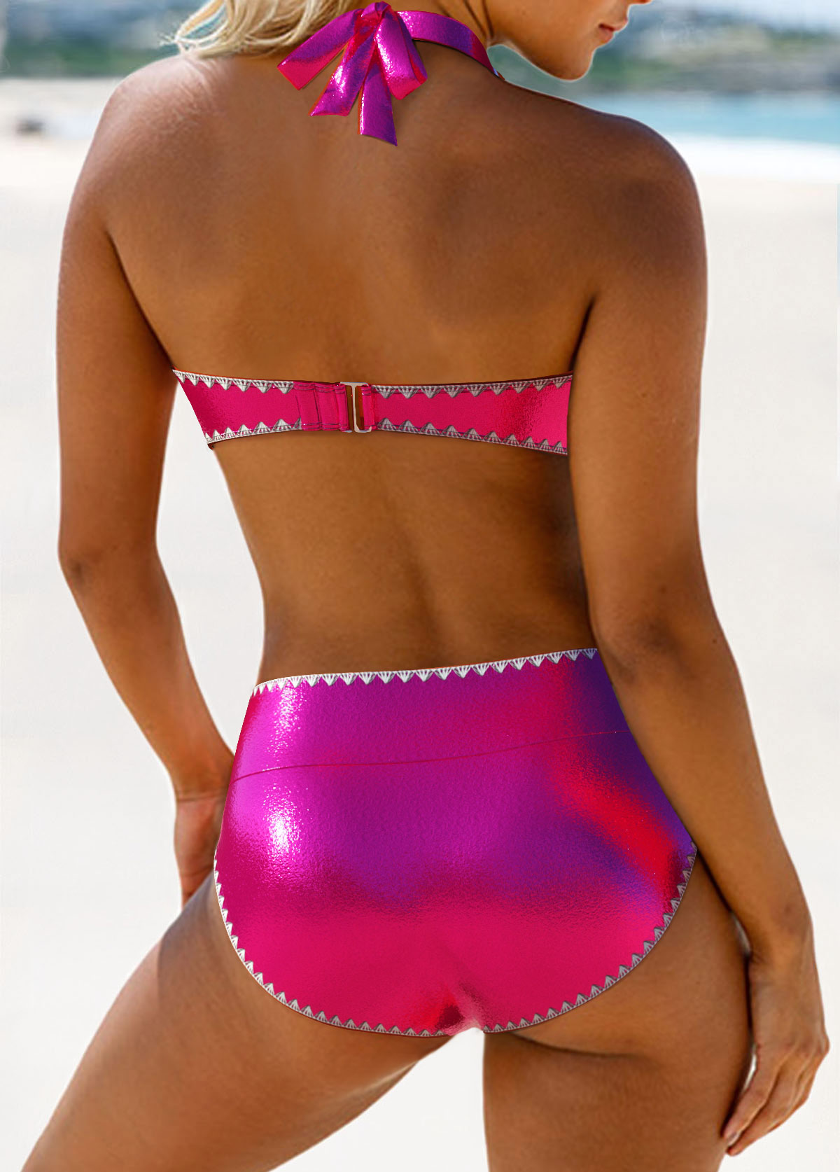 Contrast Binding Hot Pink Tie Bikini Set