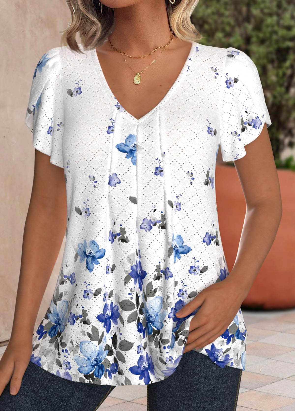 Floral Print Hollow Out White Short Sleeve T Shirt