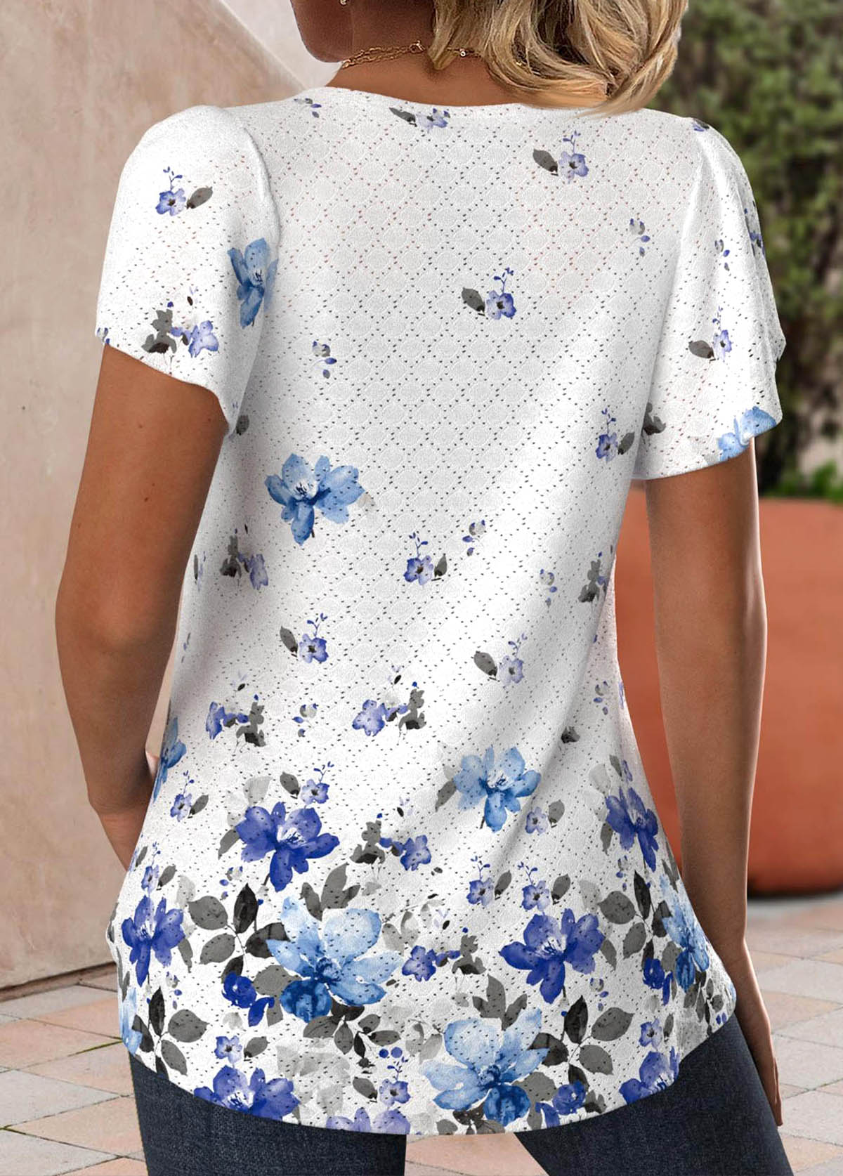 Floral Print Hollow Out White Short Sleeve T Shirt