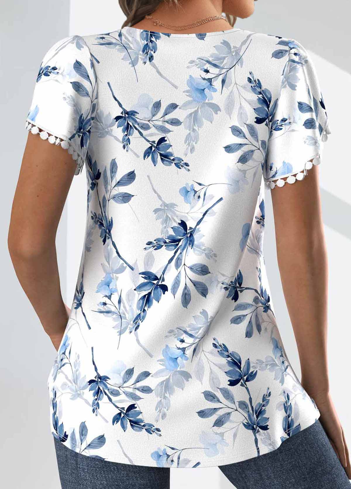 Floral Print Tuck Stitch White Short Sleeve T Shirt