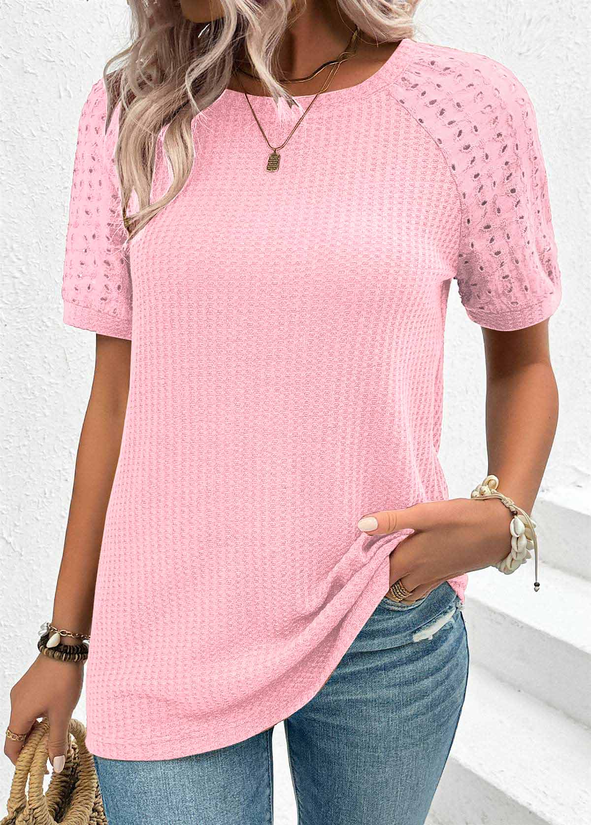 Patchwork Pink Short Sleeve Round Neck T Shirt | Rosewe.com - USD $25.18