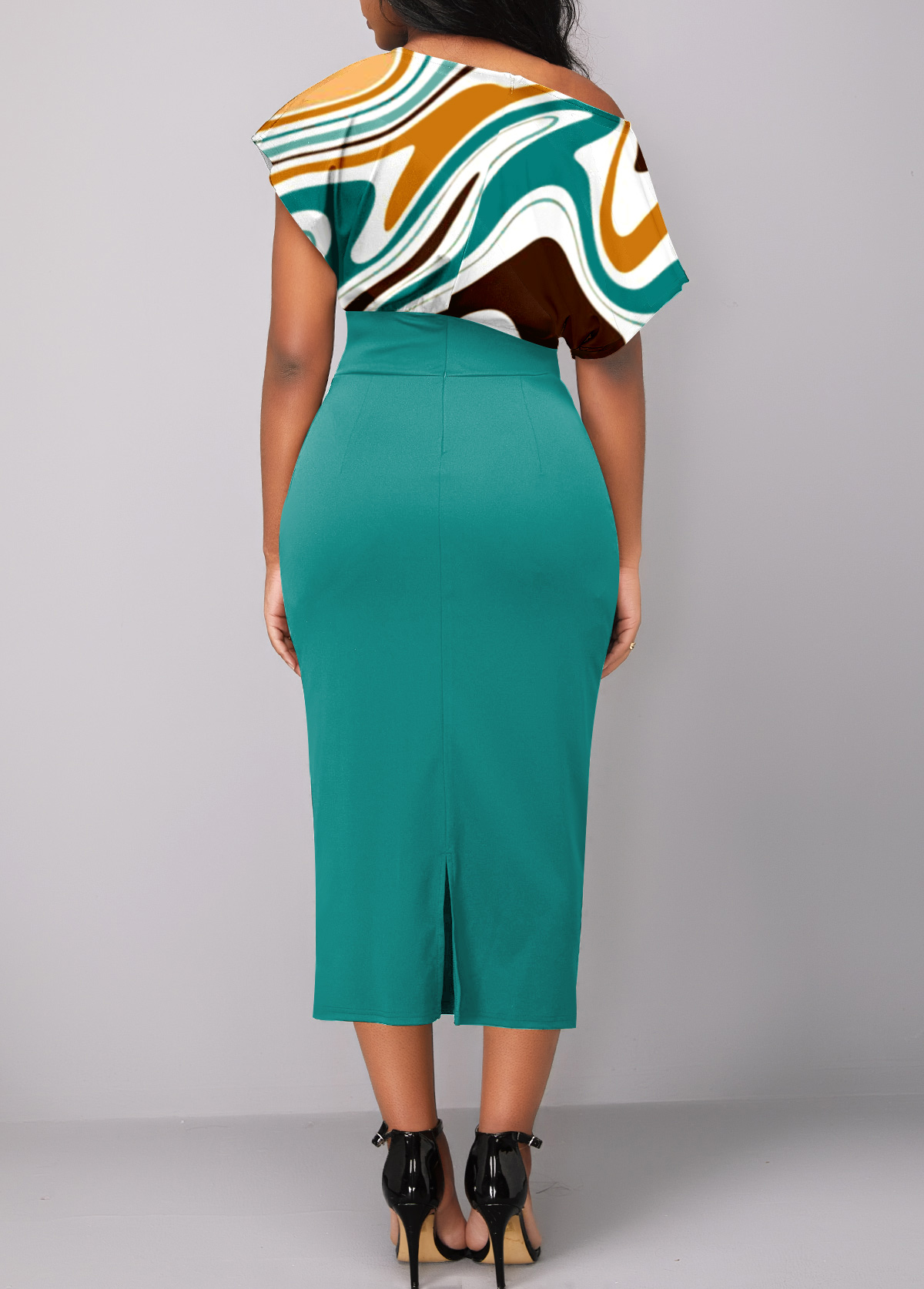 Geometric Print Button Turquoise Short Sleeve Bodycon Dress