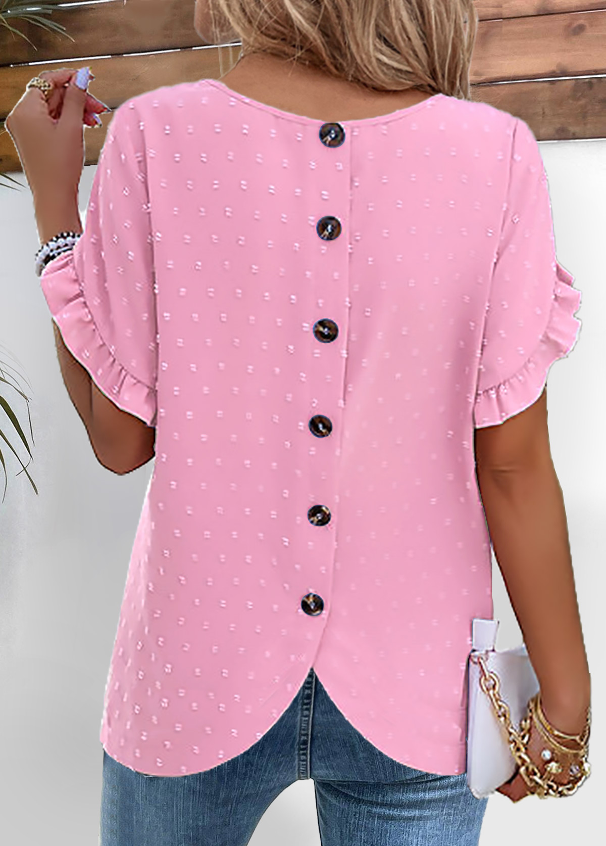 Button Pink Short Sleeve Round Neck Blouse