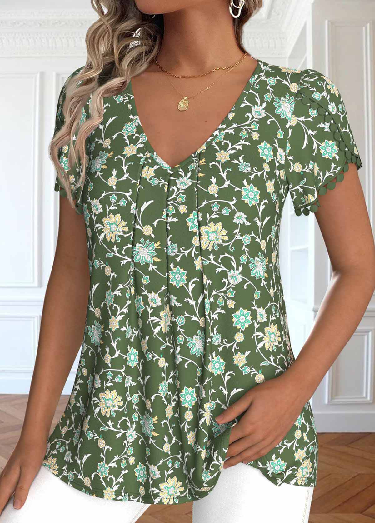 Ditsy Floral Print Embroidery Olive Green T Shirt