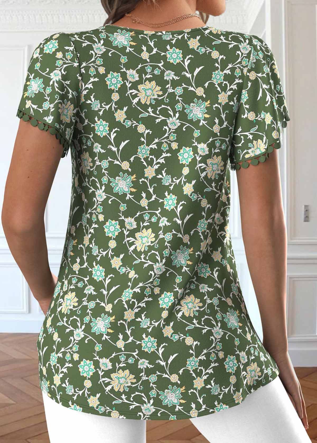 Ditsy Floral Print Embroidery Olive Green T Shirt