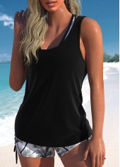 Mid Waisted Floral Print Layered Black Tankini Set