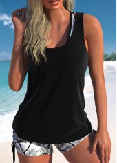 Mid Waisted Floral Print Layered Black Tankini Set