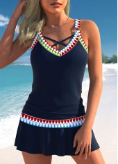 Low Waisted Tribal Print Circular Ring Navy Tankini Set