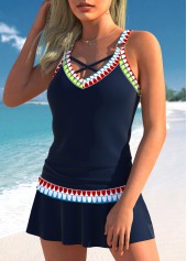 Low Waisted Tribal Print Circular Ring Navy Tankini Set