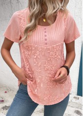 Tuck Stitch Light Pink Short Sleeve Round Neck Blouse