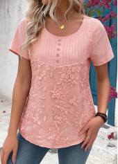 Tuck Stitch Light Pink Short Sleeve Round Neck Blouse